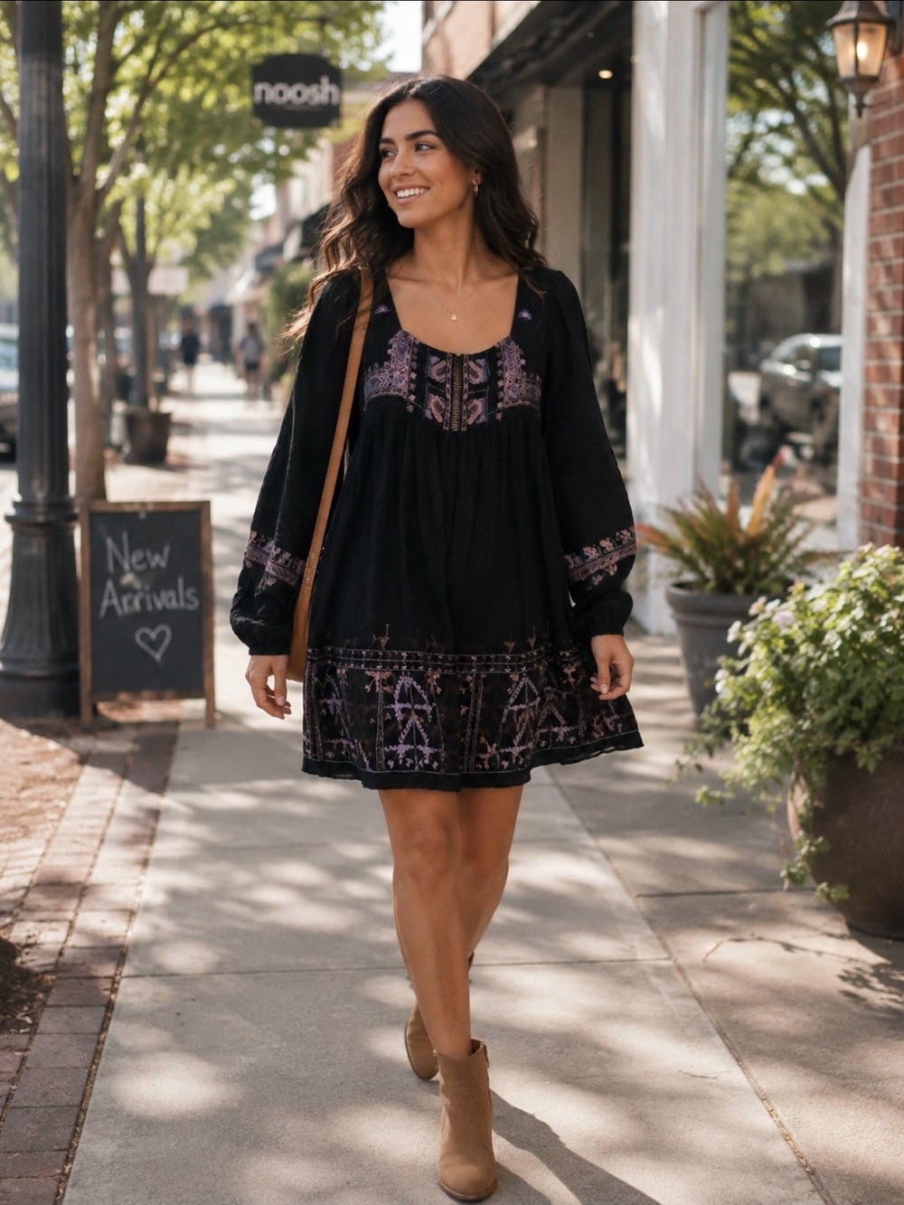 Free People Black Mini Dress with Lavender Embroidery